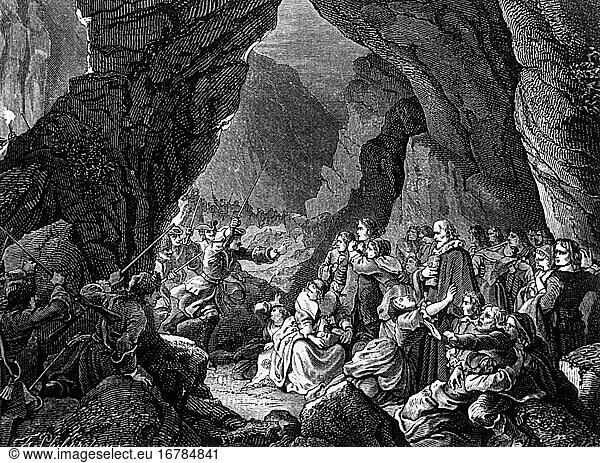 France / Cevennes War  1702–05 (Camisard uprising  Huguenots of the Cevennes and Languedoc  to protest persecution after the revocation of the Edict of Nantes  1685. Royal Dragoners storm a cave i n the Cevennes where Huguenots are holding a worship service.– Woodcut  1875  based on drawing by Félix Philippoteaux (1815–1884).