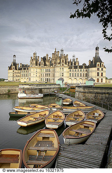 France  Chambord  view to Chateau de Chambord with mooring area in the foreground
