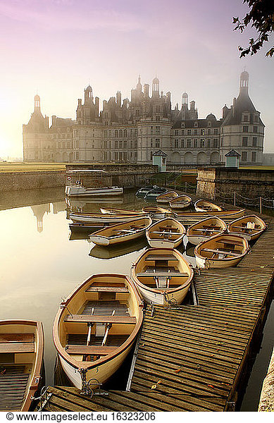 France  Chambord  view to Chateau de Chambord with mooring area in the foreground