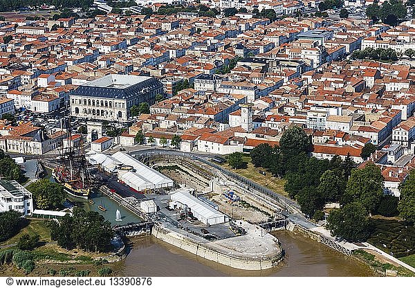 France  Charente Maritime  Rochefort  the Hermione frigate in drydock and the town (aerial view)