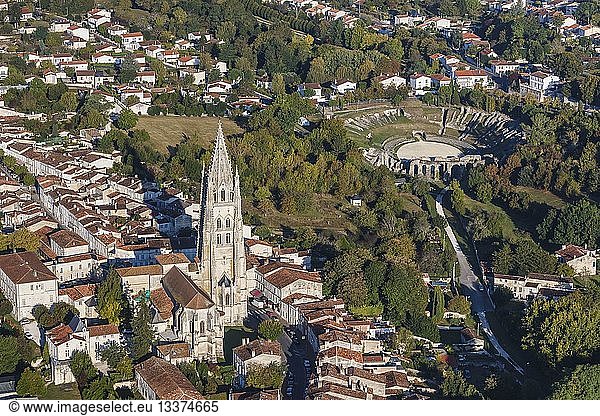 France  Charente Maritime  Saintes  Routes of Santiago de Compostela listed as World Heritage by UNESCO  Saint Pierre cathedral  Saint Eutrope church and the amphitheatre (aerial view)