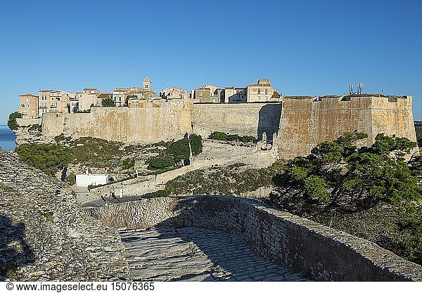 France  Corse du Sud  Bonifacio  the citadel and the bastion of the Etendard seen from the pedestrian circuit of the cliffs