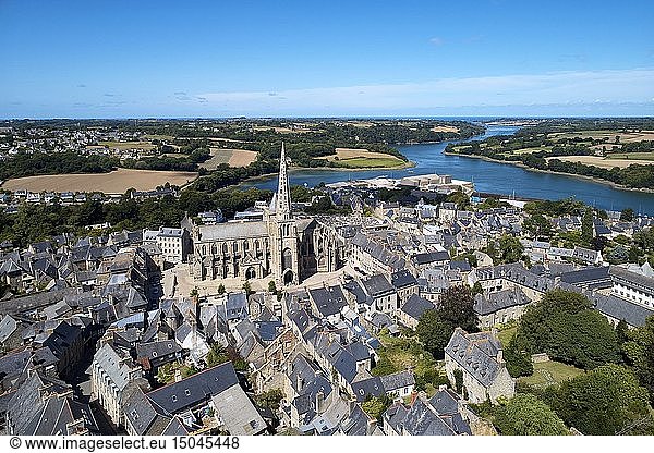 France  Cotes d'Armor  Treguier  the Saint Tugdual cathedral  the Jaudy River (aerial view)