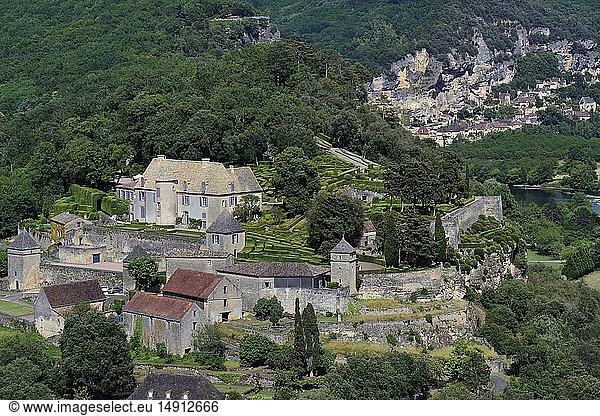 France  Dordogne  Perigord Noir  Dordogne Valley  Vezac  park and castle Marqueyssac of the 18th century  the village of La Roque-Gageac in the background (aerial view)