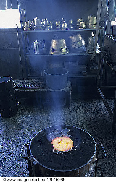 France  Doubs  Morteau  Obertino bell foundry  molten bronze into the mold  cooled before release