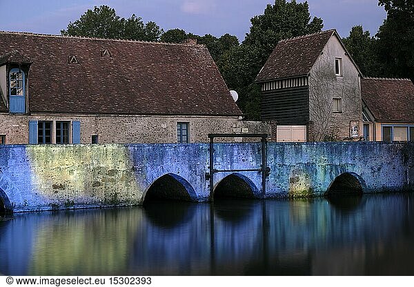 France  Eure et Loir  Chartres  Chartres en Lumieres  illuminations  Rue des Trois Moulins  Saint Pere mill and bridge  Eure river