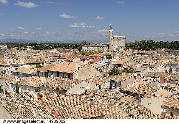 France  Gard  Aigues Mortes  center of the old town and Constance tower seen from the ramparts