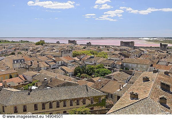 France  Gard  Aigues Mortes  view over the old city and salt marshes from the Constance tower