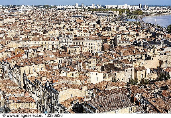 France  Gironde  Bordeaux  area listed as World Heritage by UNESCO  seen from the Spire of Saint Michel's Church on the Old Town  the Miroir d'Eau and the Garonne from the Spire of Basilica of Saint Michel