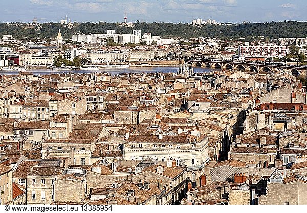 France Gironde Bordeaux area listed as World Heritage by UNESCO view of the old town the Stone Bridge and the river from the Tower Pey Berland