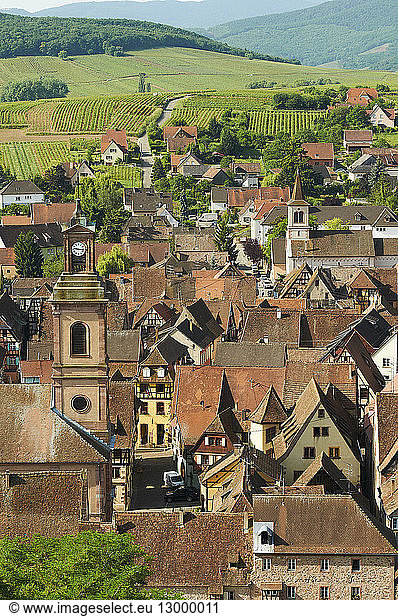 France  Haut Rhin  Alsace Wine Route  Riquewihr  labelled Les Plus Beaux Villages de France (The Most Beautiful Villages of France)  overview of the village in the vineyards