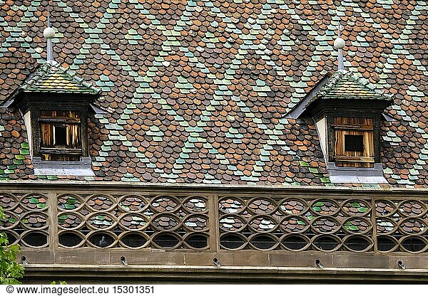France  Haut Rhin  Colmar  Rue des Marchands  Koifhus or old customs  roof  windows  glazed tiles said beaver tail