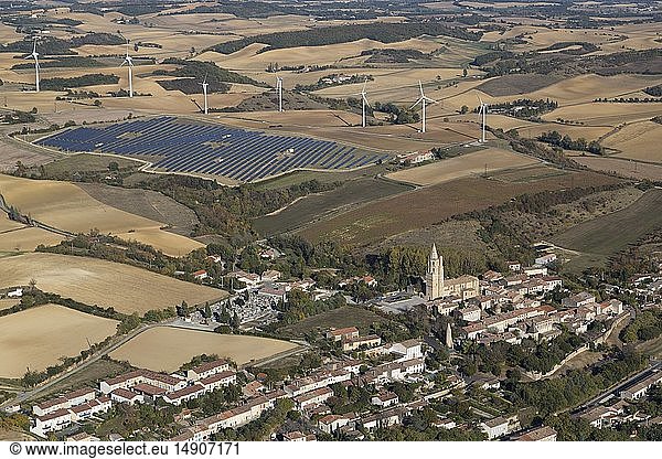 France  Haute Garonne  Avignonet Lauragais  village  solar and wind power station (aerial view)
