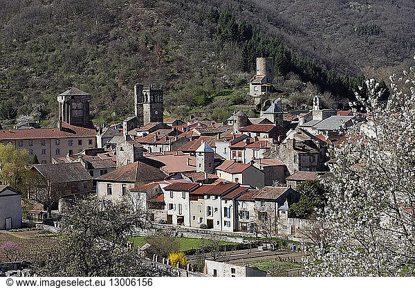 France Haute Loire Blesle labelled Les Plus Beaux Villages de France (The most beautiful villages of France) Tour de Massadou and bell tower of St Pierre Church
