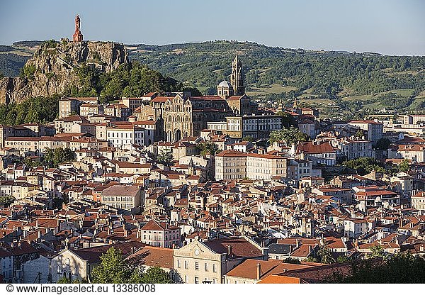 France Haute Loire Le Puy en Velay a stop on el Camino de Santiago view of Notre Dame statue (1860) and Notre Dame de l'Annonciation cathedral of the 12th century