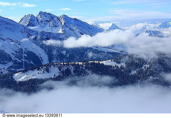 France  Haute Savoie  Le Grand Bornand ski area of ??the Aravis mountains in the background