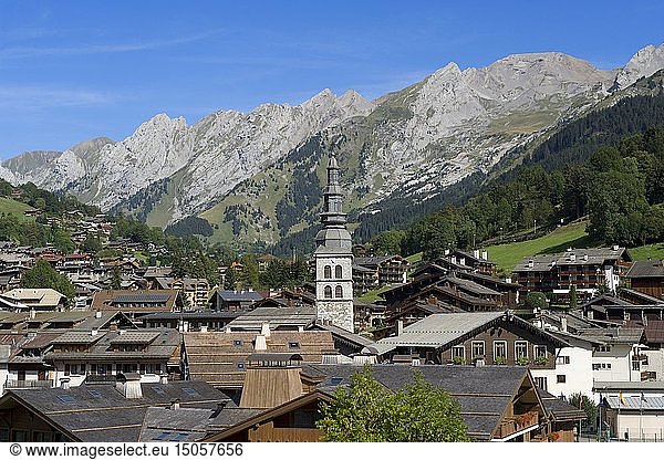 France  Haute Savoie  massif of Aravis la Clusaz  general view of the village  Saint Foy church and combes of Aravis