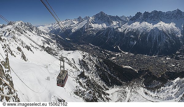 France  Haute Savoie  Mont Blanc Massif  Chamonix ski area on the Red Needles side  arrival station of the Brevent cable car  panoramic vews in the cable car and the Aiguille Verte