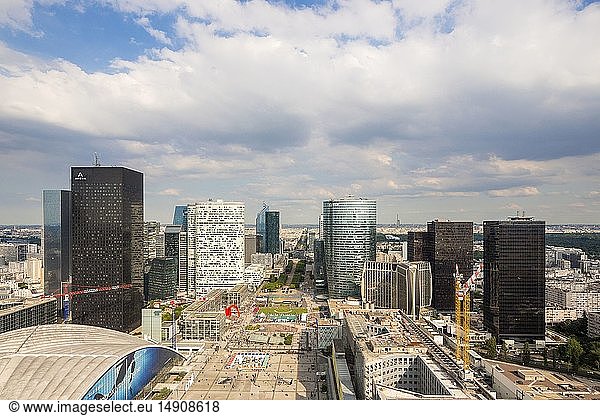 France  Hauts de Seine  La Defense  the Grande Arche by the architect Otto von Spreckelsen  overview from the roof top terrace open on the 01/06/2017  space of 11 000 m2 designed by the agency Valode & Pistre architects