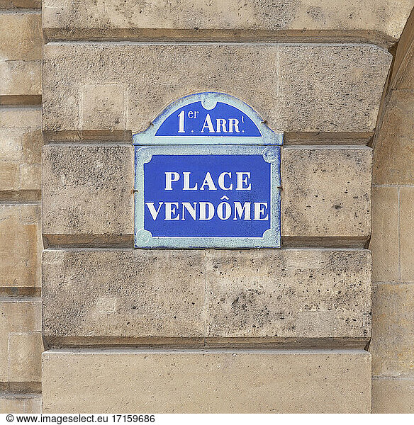 France  Ile-de-France  Paris  Place Vendome street name sign