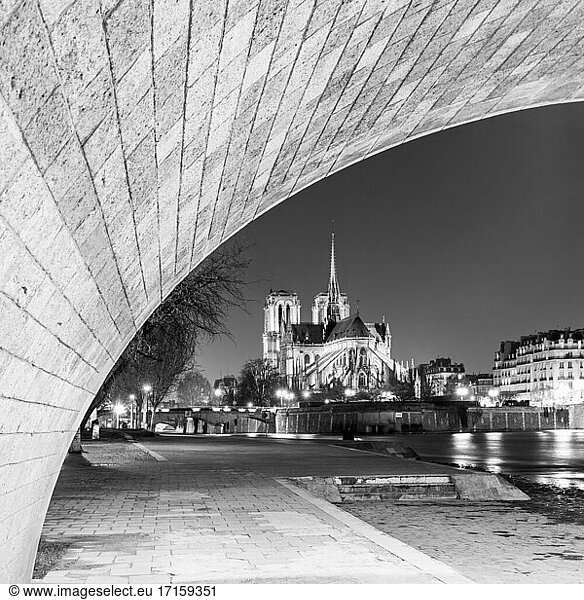 France  Ile-de-France  Paris  Underside of Pont de la Tournelle with Notre-Dame de Paris in background