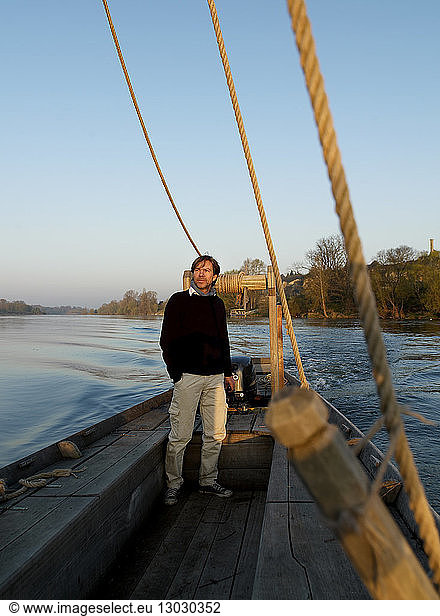 France  Indre et Loire  feature : The Big Tours  Erwan de Keiros in a barge on the Loire river