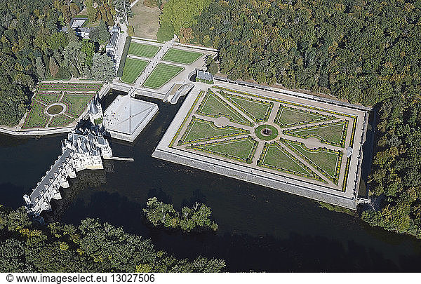 France  Indre et Loire  Loire Castles  Chenonceau  Chateau de Chenonceau built on Cher River (aerial view)