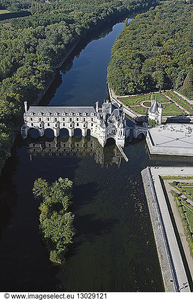 France  Indre et Loire  Loire Castles  Chenonceau  Chateau de Chenonceau built on Cher River (aerial view)