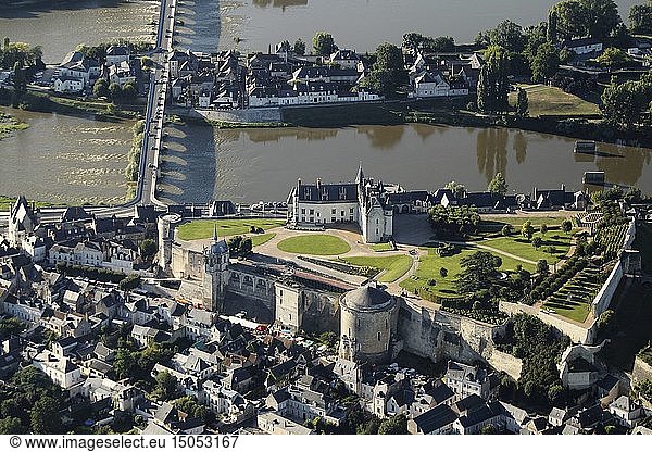France  Indre et Loire  Loire valley listed as World Heritage by UNESCO  Amboise  Amboise castle on its rocky outcrop and the Loire (aerial view)