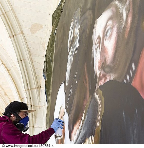 France  Indre et Loire  Loire valley listed as World Heritage by UNESCO  Amboise  Amboise castle  the graffiti artist Ravo in residence at the castle of Amboise reproduces in situ the painting The Death of Leonard de Vinci