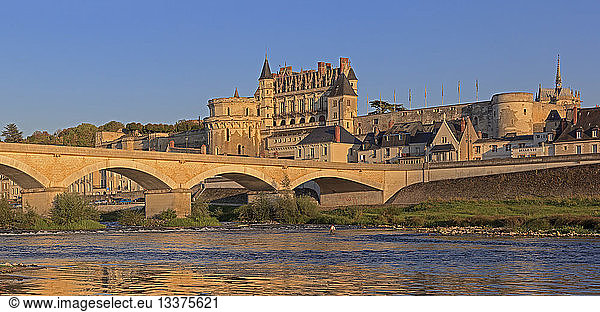 France  Indre et Loire  Loire Valley listed as World Heritage by UNESCO  Amboise  Royal castle of Amboise  Loire river banks  General Leclerc bridge  the historic town and castle