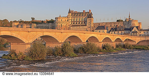 France  Indre et Loire  Loire Valley listed as World Heritage by UNESCO  Amboise  Royal castle of Amboise  Loire river banks  General Leclerc bridge  the historic town and castle