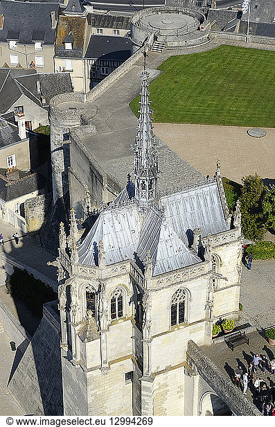 France  Indre et Loire  Loire valley listed as World Heritage by UNESCO  Amboise  the 15th century castle  St Hubert Chapel where Leonardo da Vinci is buried (aerial view)