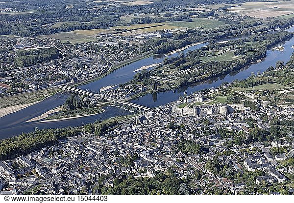 France  Indre et Loire  Loire valley listed as World Heritage by UNESCO  Amboise  the town  the castle and the Loire river (aerial view)