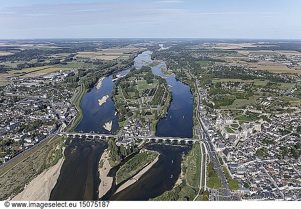 France  Indre et Loire  Loire valley listed as World Heritage by UNESCO  Amboise  the town  the castle and the Loire river (aerial view)