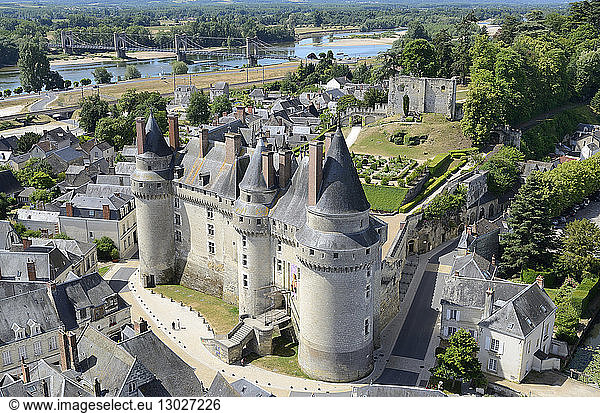 France  Indre et Loire  Loire Valley listed as World Heritage by UNESCO  Langeais  Chateau de Langeais (aerial view)