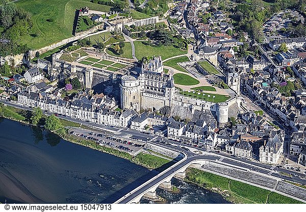 France  Indre et Loire  Loire valley listed as World Heritage by UNESCO  view of city and castle of Amboise (aerial view)