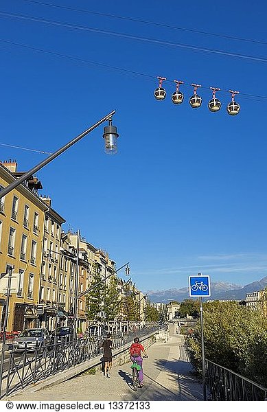 France  Isere  Grenoble  Saint Laurent district on the right bank of Isere river has been renovated to provide more space for pedestrians and cyclists  Grenoble-Bastille cable car and its Bubbles  the oldest city cable car in the world
