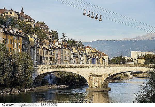 France  Isere  Grenoble  Saint Laurent district on the right bank of Isere river  Marius Gontard bridge and Grenoble-Bastille cable car and its Bubbles  the oldest city cable car in the world
