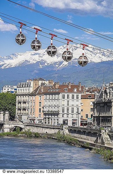 France  Isere  Grenoble  the Bastille cable car or the Bubbles  the first urban cable car in the world with Belledonne massif in the background