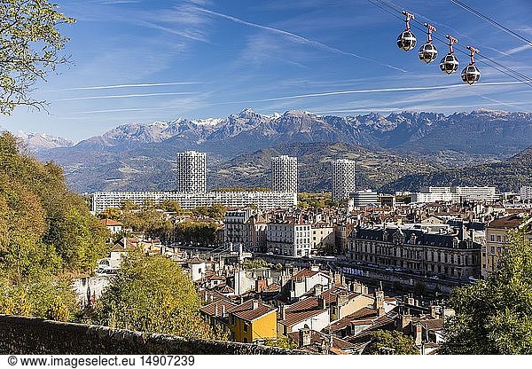 France  Isere  Grenoble  view of Grenoble-Bastille cable car and its Bubbles  the oldest city cable car in the world  view of Belledonne massif