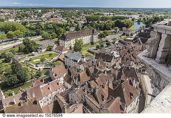 France  Jura  Dole  since the top of the bell tower of 1596 of the Collegiate church Notre-Dame of the XVIth century view of the building Charity of the high school Charles Nodier  the Doubs and the channel of the Rhone to the Rhine