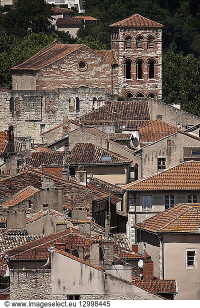 France  Lot  Cahors  view over the rooftops of the Old City Tour with John XXII and the Church of St. Bartholomew from the steeple of St. Stephen's Cathedral