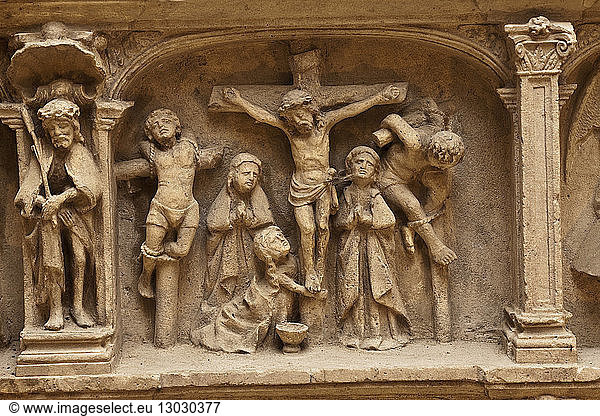 France  Lot  Haut Quercy  Dordogne Valley  Carennac  labelled Les Plus Beaux Villages de France (The Most Beautiful Villages of France)  Bas relief depicting scenes from the life and Passion of Christ  the Crucifixion
