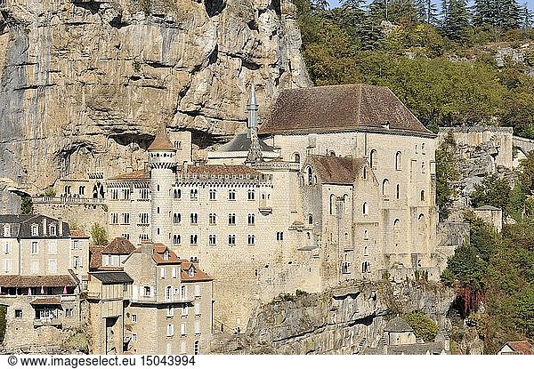 France  Lot  Haut Quercy  Rocamadour  medieval religious city with its sanctuaries and step of the road to Santiago de Compostela  he Grand Stairs of pilgrims below