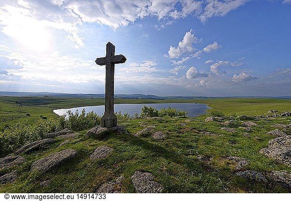 France Lozere Aubrac plateau near Nasbinals cross at Lake St. Andeol on the Route of Compostela