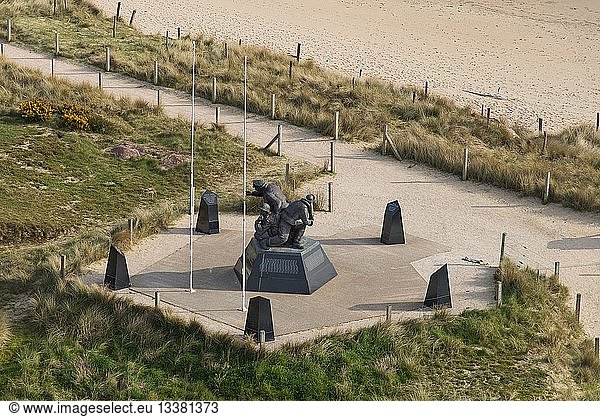 France Manche Sainte Marie du Mont Utah Beach Landing Museum U.S. Navy Monument statue symbolizing the commander marine and combat units (aerial view)