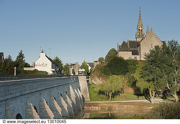 France  Morbihan  Le Roc Saint Andre  the bridge  the town and St Andre church