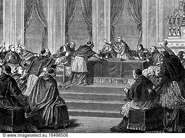 France / National Council of 1811.The National Council in Paris  17 July – 5 August 1811.(Instituted by Napoleon in response to Pope Pius VII’s refusal to recognise the investiture of French bishops. Decision to name the French bishops by the Archbishop of Paris).Woodcut  1860.
