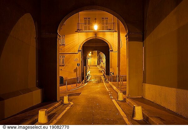 France  Nice city by night  street below buildings with arched passage in Old Town  Vieille Ville  Europe